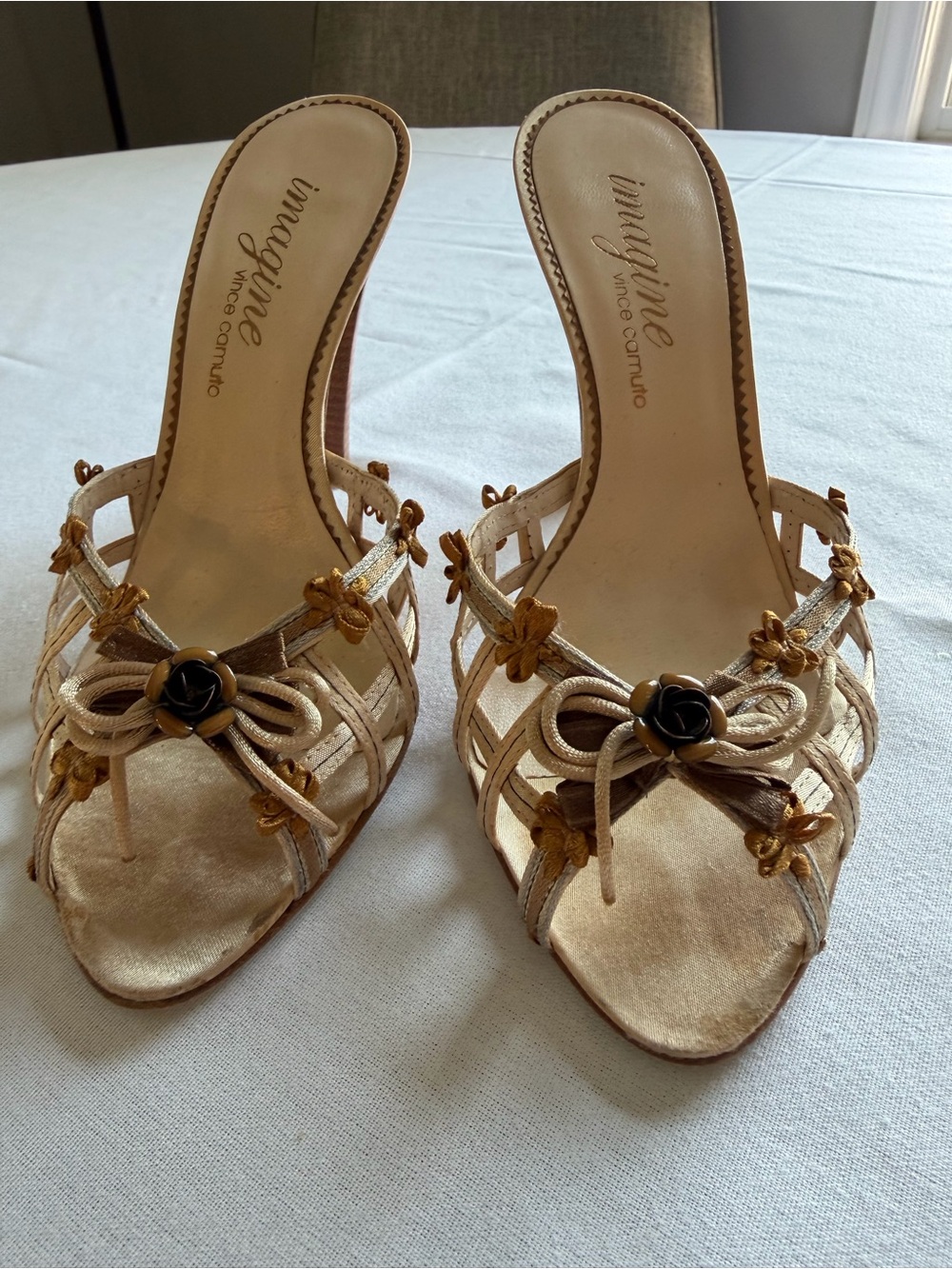 Vince Camuto Gold and Tan Floral Bow Strappy Mules